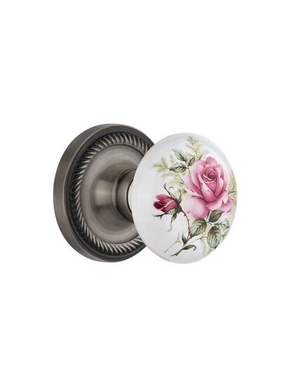Rope Rosette Door Set with Rose Porcelain Knobs in Antique Pewter.